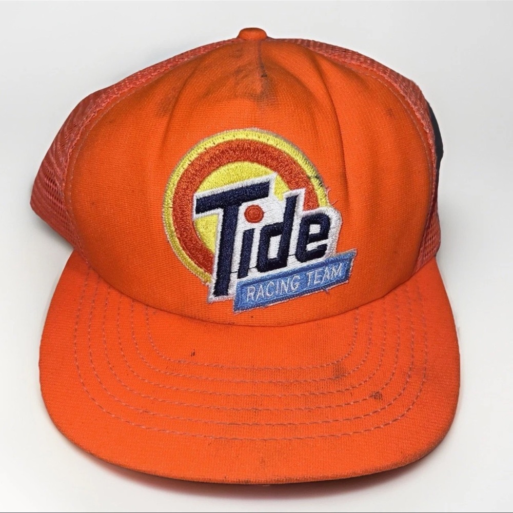 VINTAGE Tide Nascar Hat Cap Snap Back Orange Racing Car Racer Trucker Mesh Mens